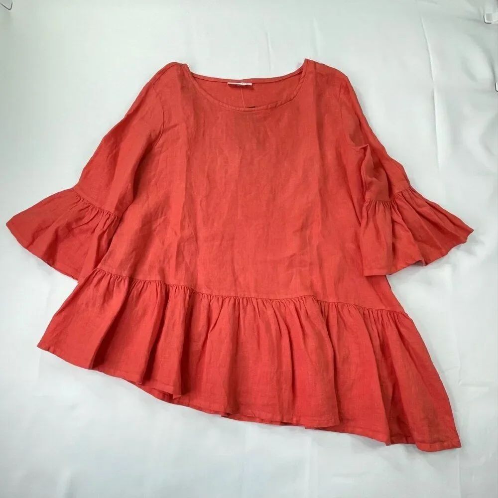 Bryn Walker Franci Gauzy Linen Ruffle Top Blouse Guava Orange Womens Medium